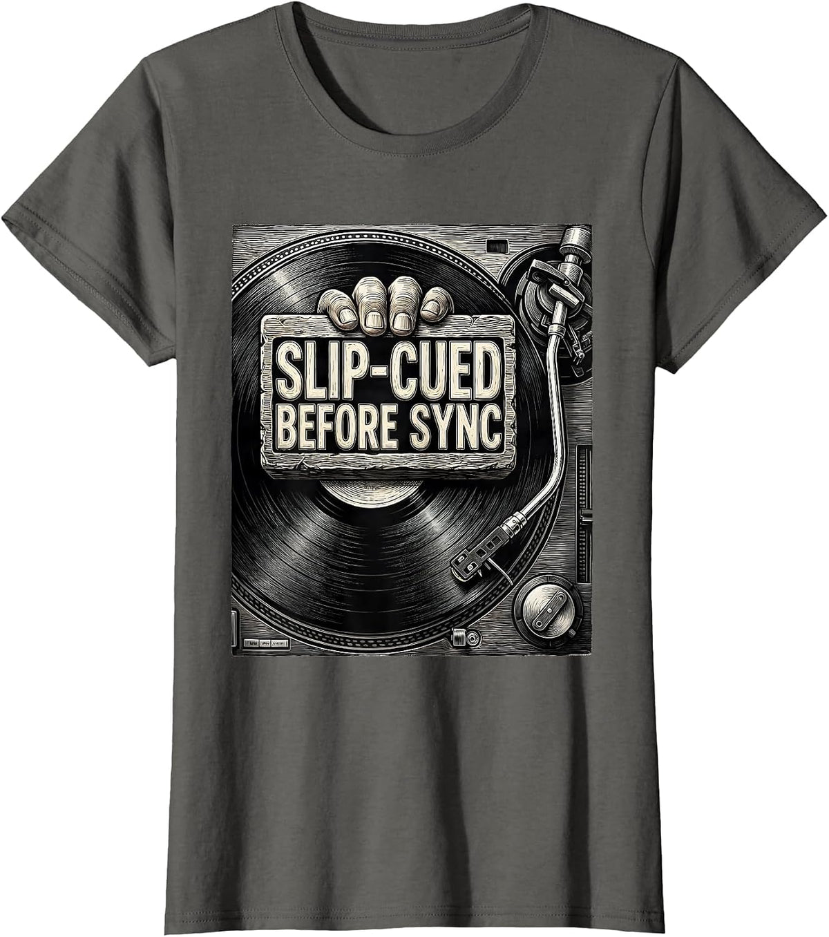 Women's Slip-Cued Before Sync Retro DJ Gift Vintage Electronic Music T-Shirt - Asphalt Grey