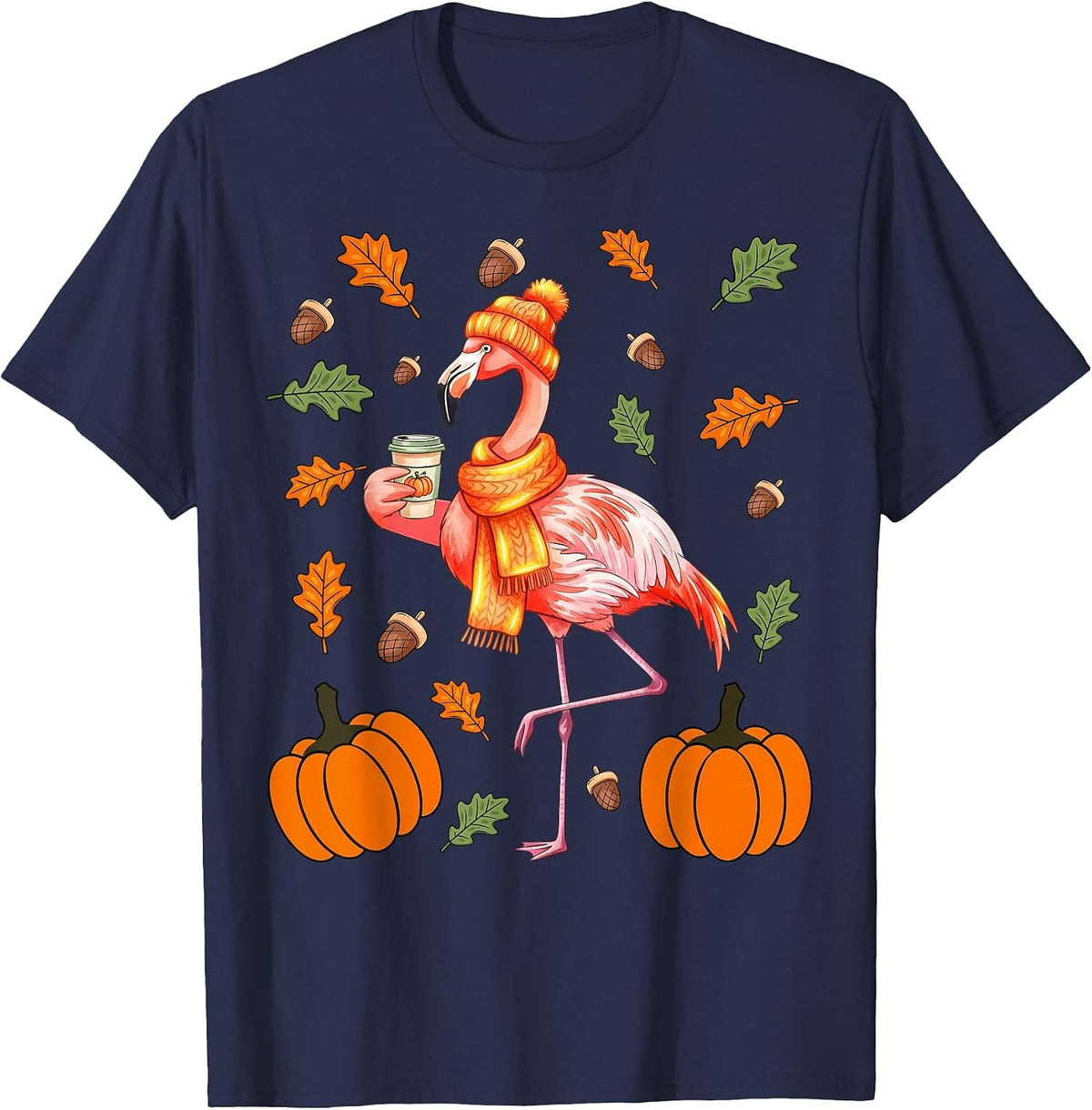 Autumn Flamingo Pumpkin Spice Latte Fall Leaves Thanksgiving T-Shirt - Navy Blue