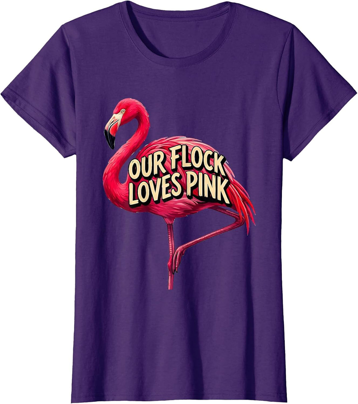 Women's Our Flock Loves Pink Funny Flamingo Novelty Bird Lover Gift T-Shirt - Purple