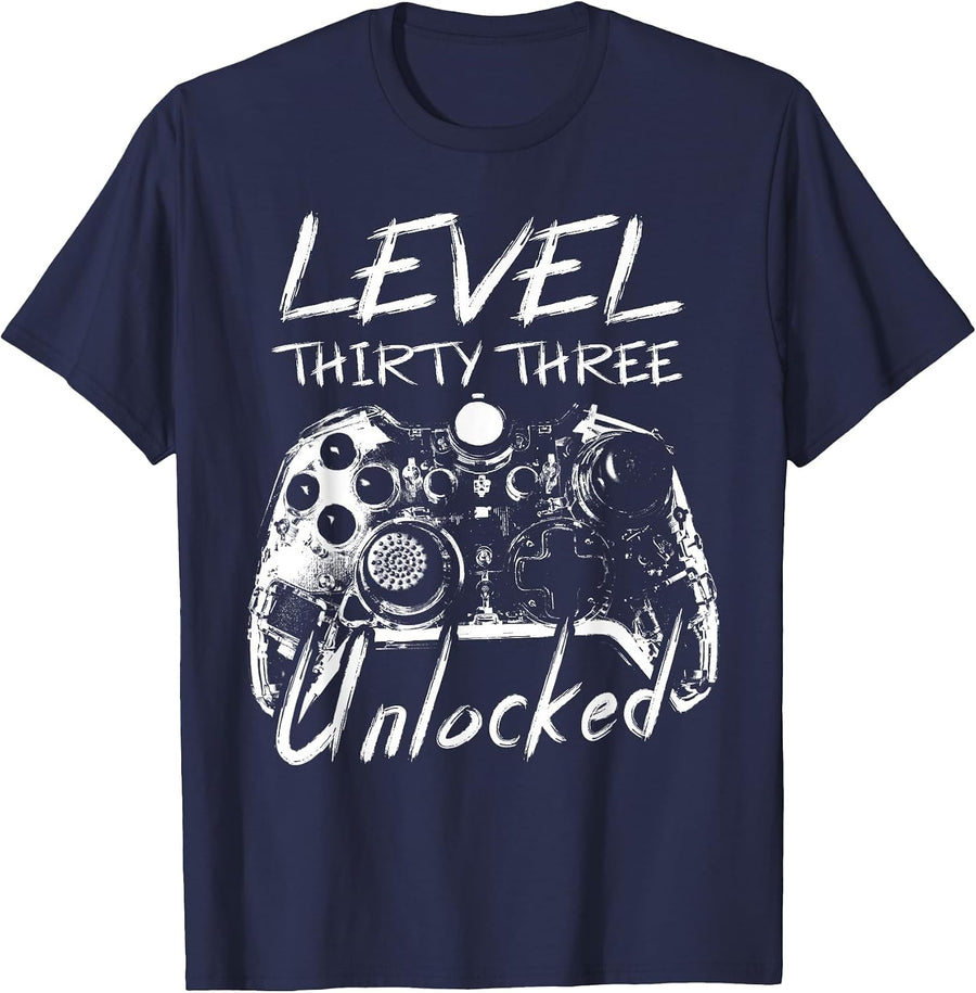 Level 33 Unlocked 33 Years Old Vintage Gamer 33rd Birthday T-Shirt - Navy Blue