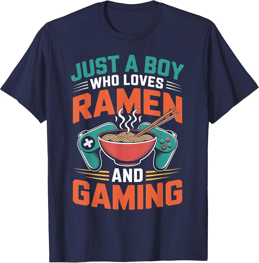 Just A Boy Who Loves Ramen and Gaming Funny Gaming and Ramen T-Shirt - Navy Blue