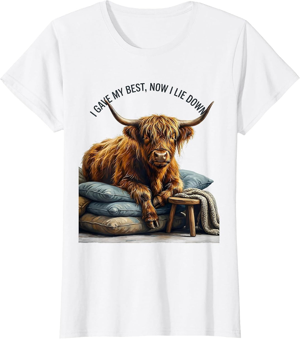 I Gave My Best, Now I Lie Down Highland Cow Cozy Whimsical T-Shirt - White