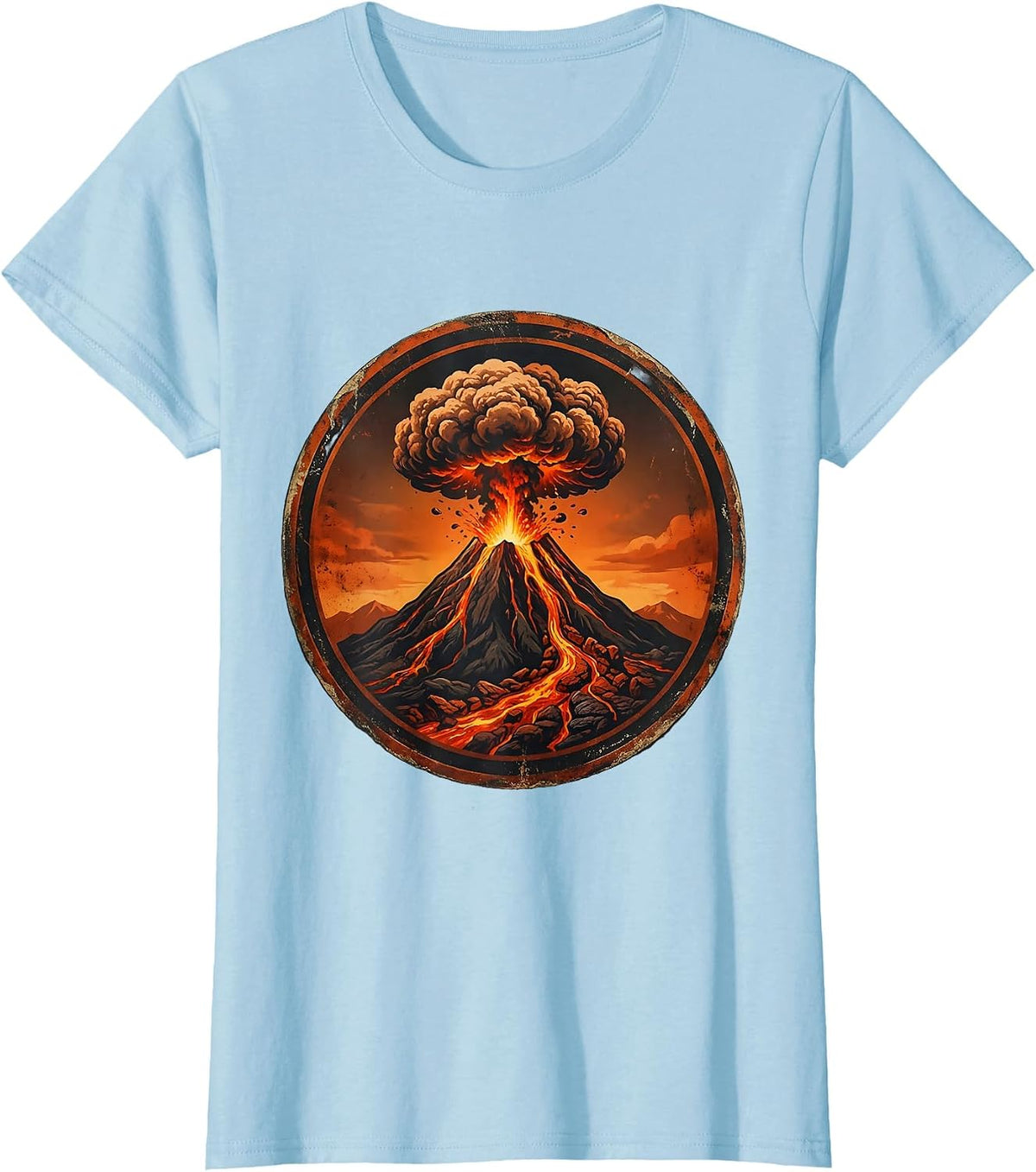 Volcanic Eruption Silhouette Black and Orange T-Shirt - Baby Blue