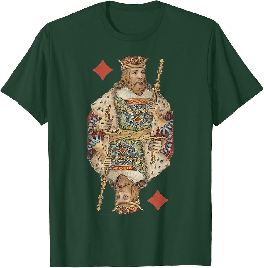 King of Diamonds Antique Art Nouveau Playing Card Art T-Shirt, Men, Dark Green, X-Large - As Pictured