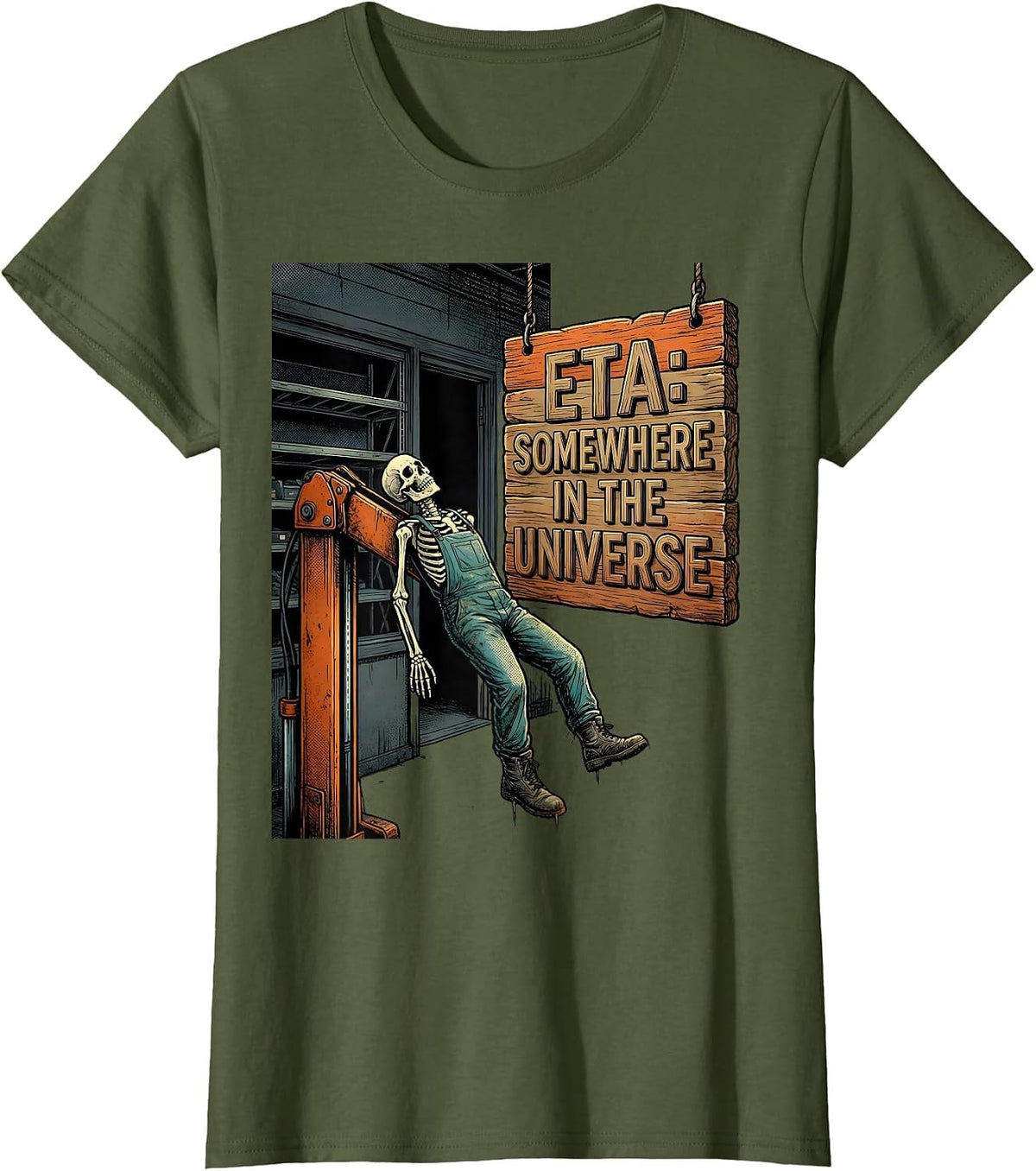 Women's ETA: Somewhere In The Universe Funny Mechanic Auto Repair T-Shirt - Olive Green