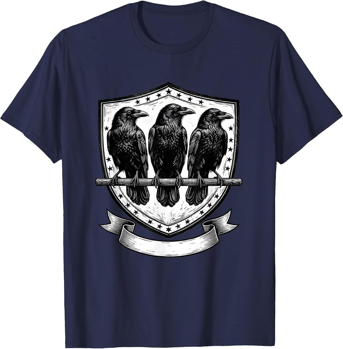 Men's Scratchboard Crow Seal Dark Humor Gothic Bird Lover T-Shirt - Navy Blue