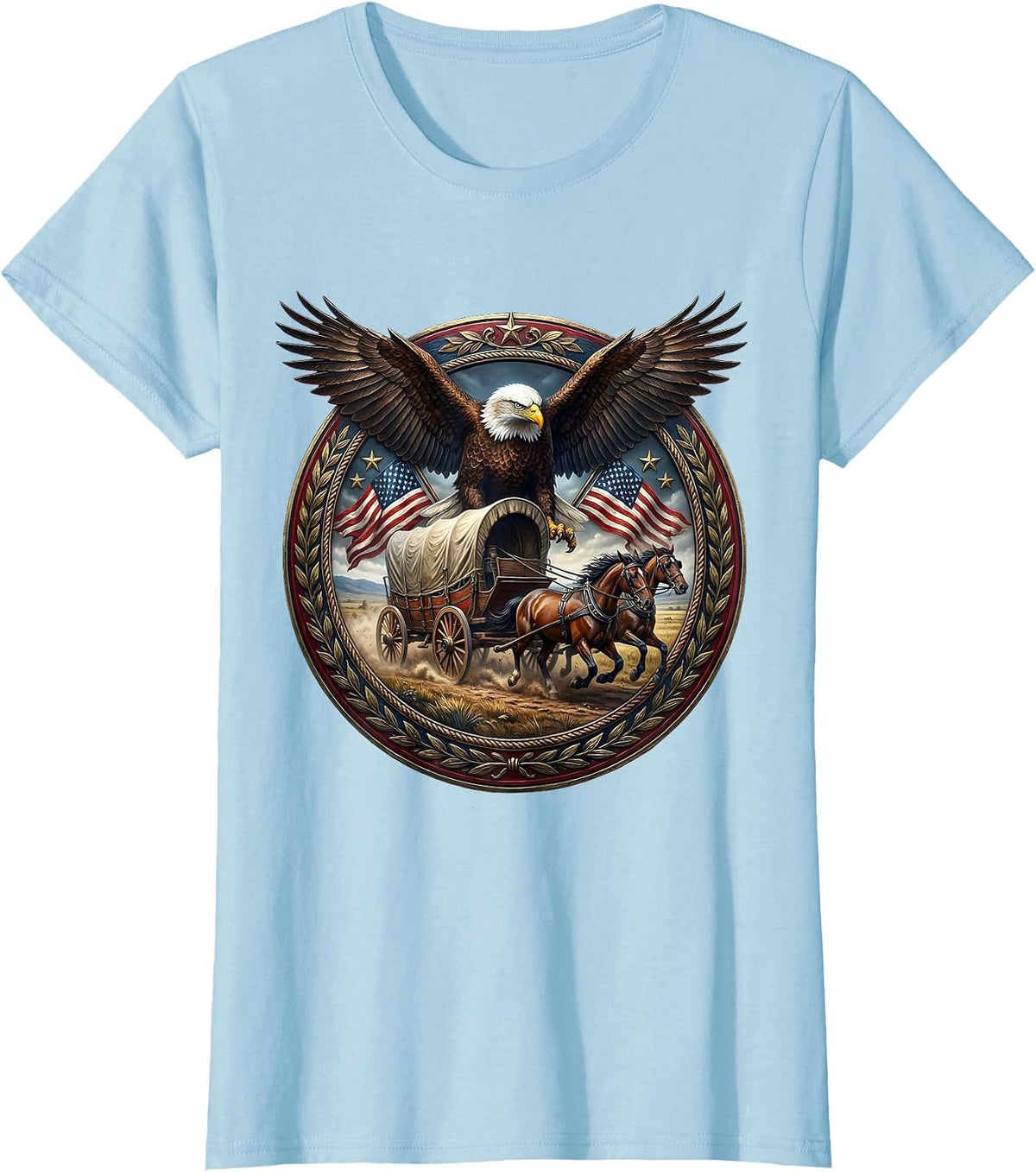 Covered Wagon Frontier Plains Patriotic Design T-Shirt - Baby Blue