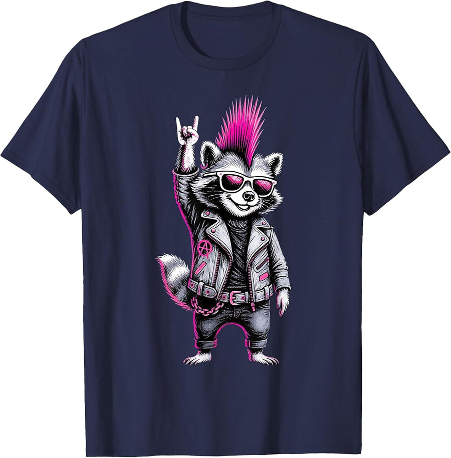 Retro Punk Rock Music Men Women Kids Funny Raccoon T-Shirt - Navy Blue