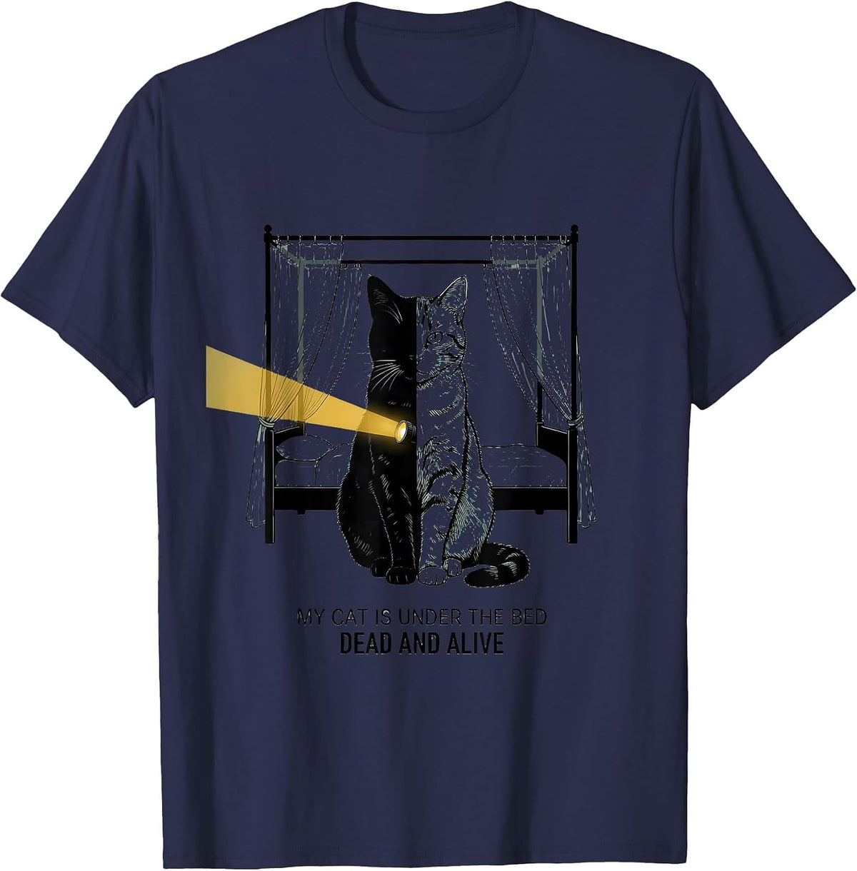 My Cat Is Under The Bed, Dead And Alive Quantum Physics T-Shirt - Navy Blue
