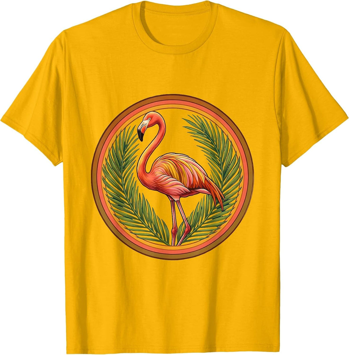 Tropical Flamingo Palm Leaves Hawaiian Design T-Shirt - Golden Yellow