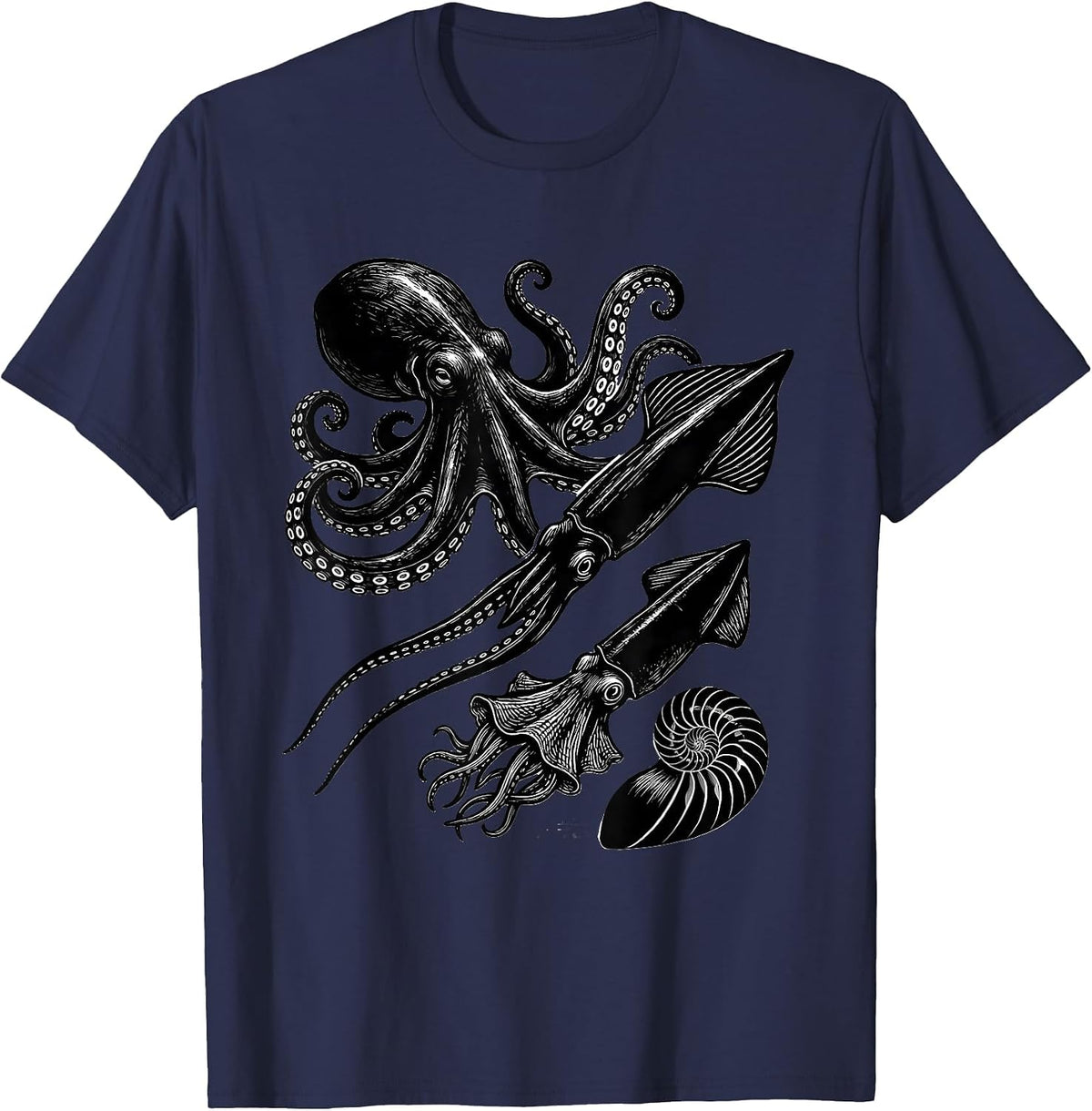 Four Cephalopod Silhouettes Scratchboard Octopus Lover Gift T-Shirt - Navy Blue