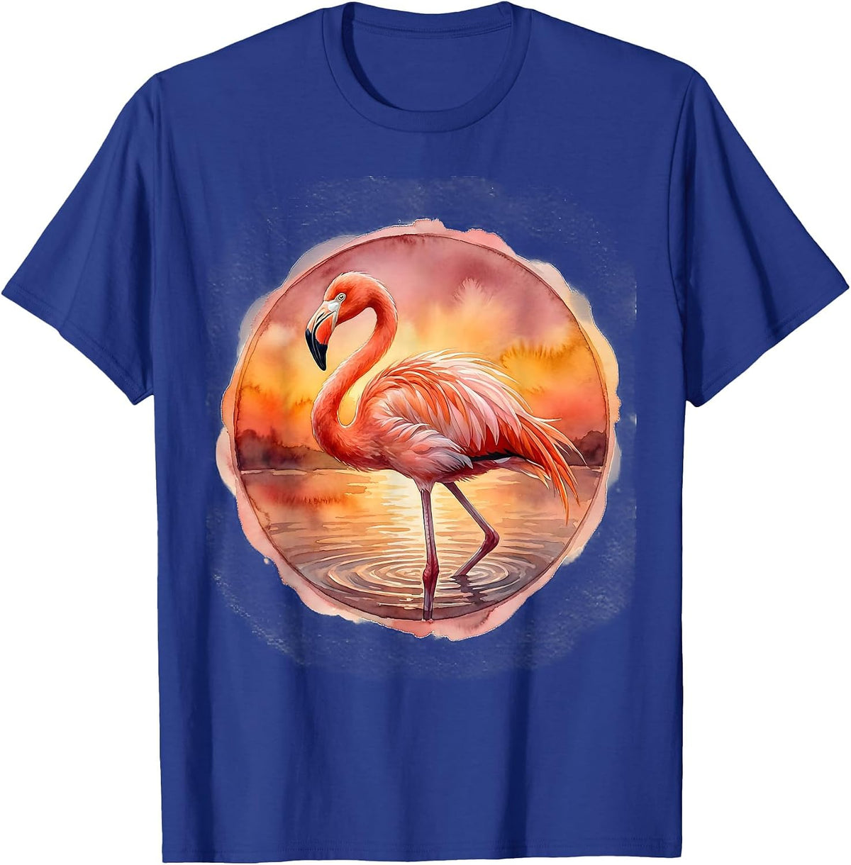 Men's Flamingo Standing on One Leg at Sunset T-Shirt - Royal Blue