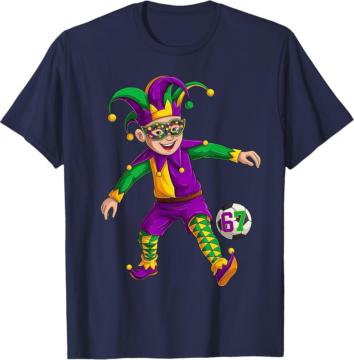 Jester Playing Soccer Mardi Gras 6 7 Meme Gen Alpha Slang T-Shirt - Navy Blue