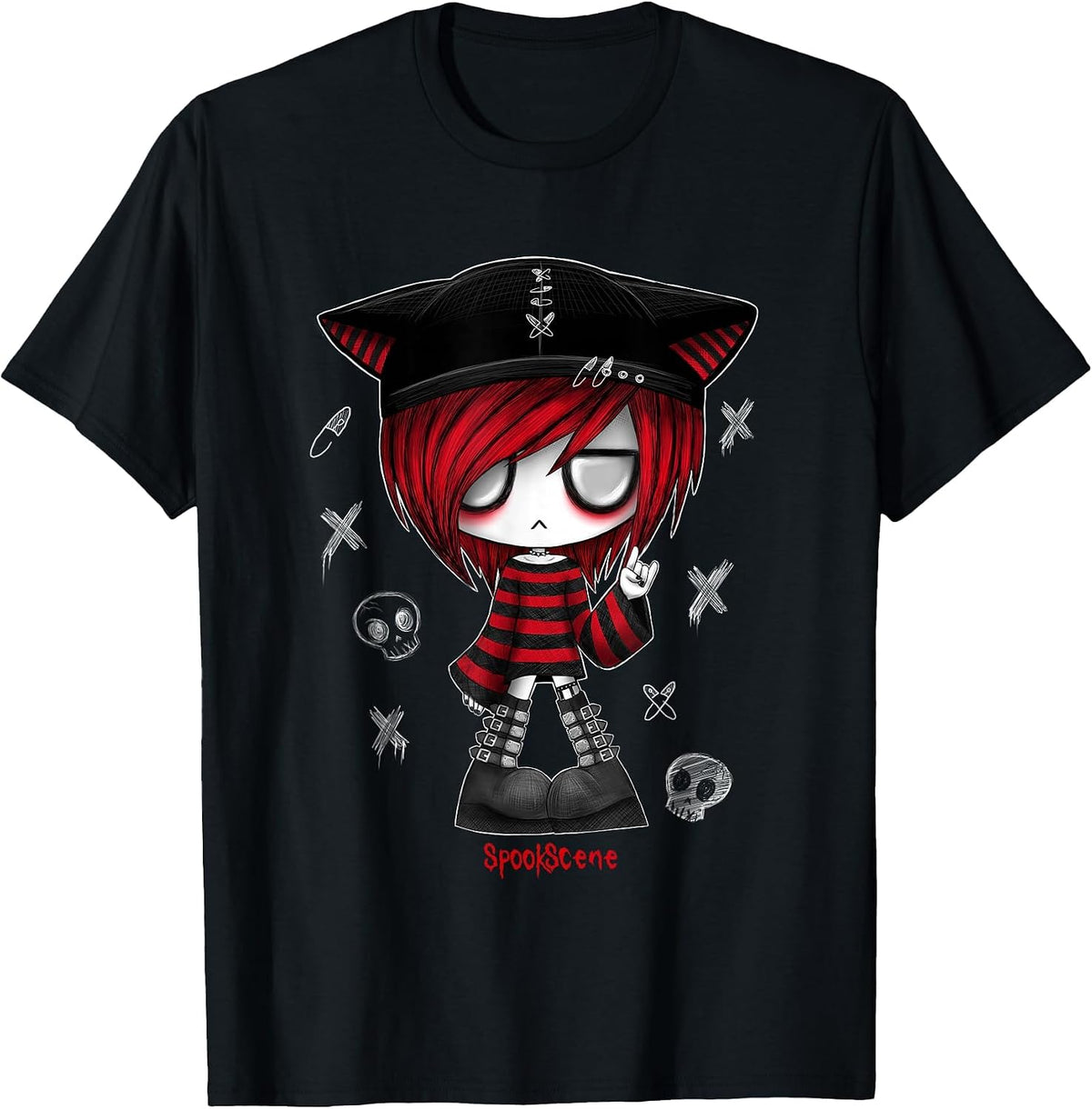 Spookscene Edgy Kitty Hat Scene Kid Emo Alt Goth Red T-Shirt - Black