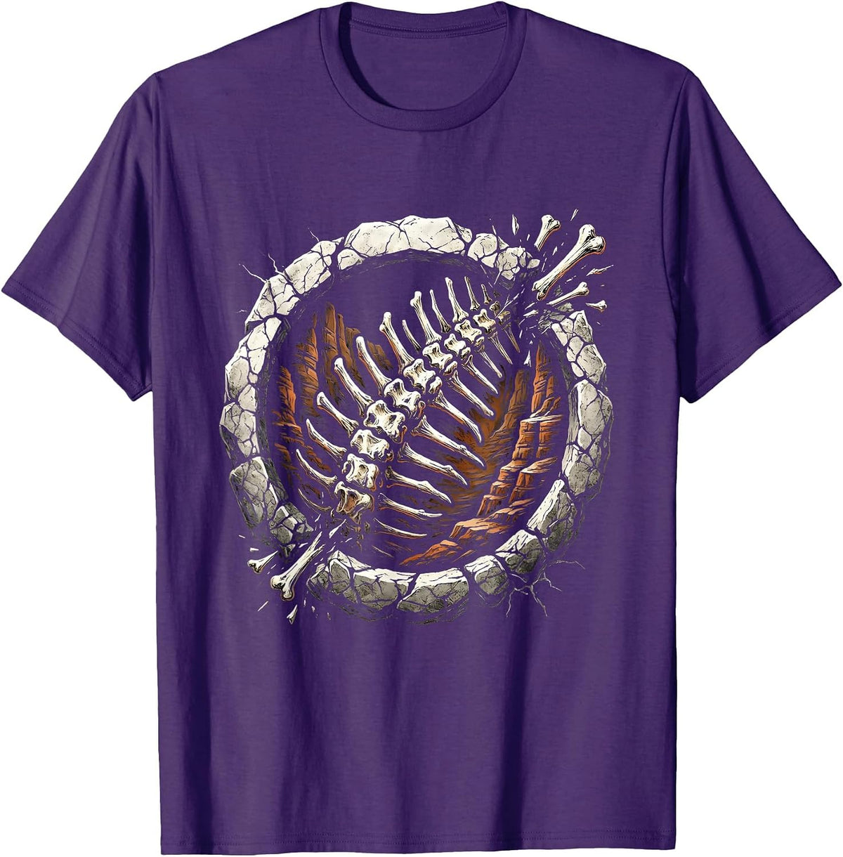 Fossilized Dinosaur Spine Cliff Face Illustration T-Shirt - Purple