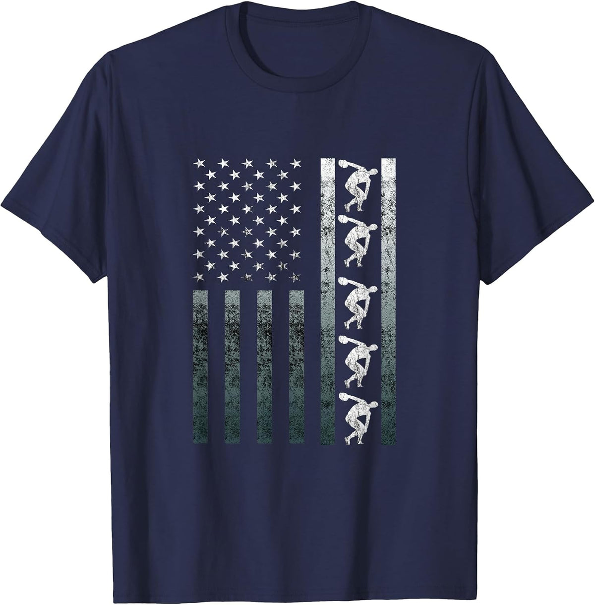 Discus Thrower Track and Field Vintage America Flag USA T-Shirt - Navy Blue