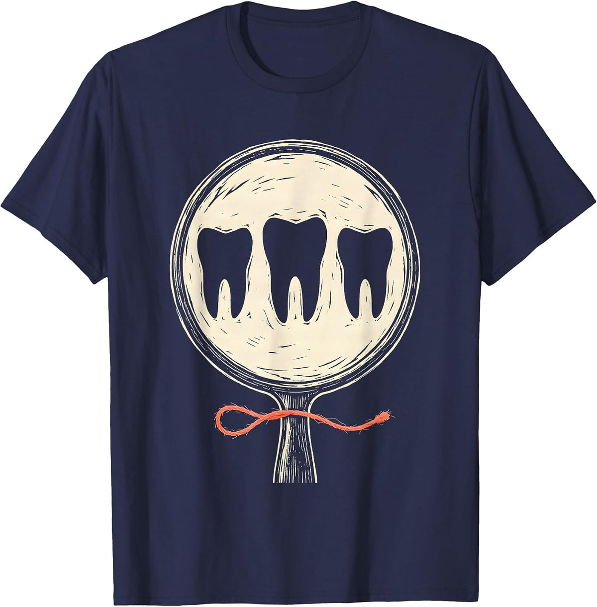 Dental Mirror Teeth Linocut Dental Squad Humor T-Shirt - Navy Blue