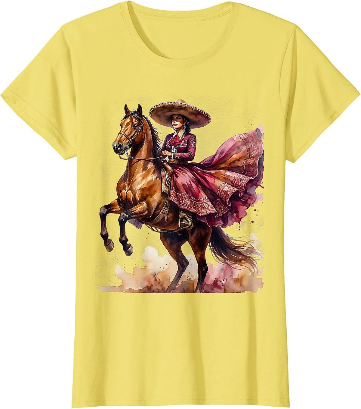 Charra on Horseback Mexican Equestrian Art T-Shirt - Lemon Yellow
