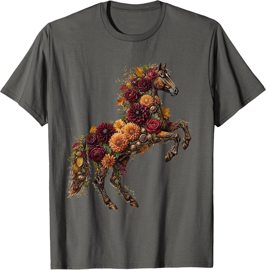 Floral Horse Wreath Derby Fall Fashion Design T-Shirt - Asphalt Grey