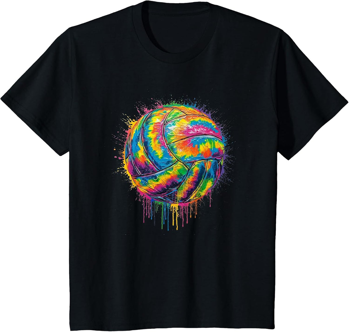 Volleyball Girls Teen Tie Dye Colorful Paint Drip Bump Spike T-Shirt - Black