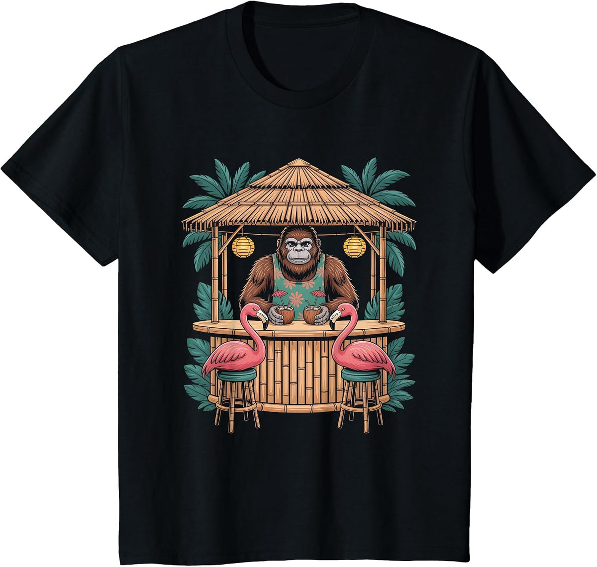 Bigfoot Flamingo Tiki Bar Summer Sun Cocktail Humor T-Shirt - Black
