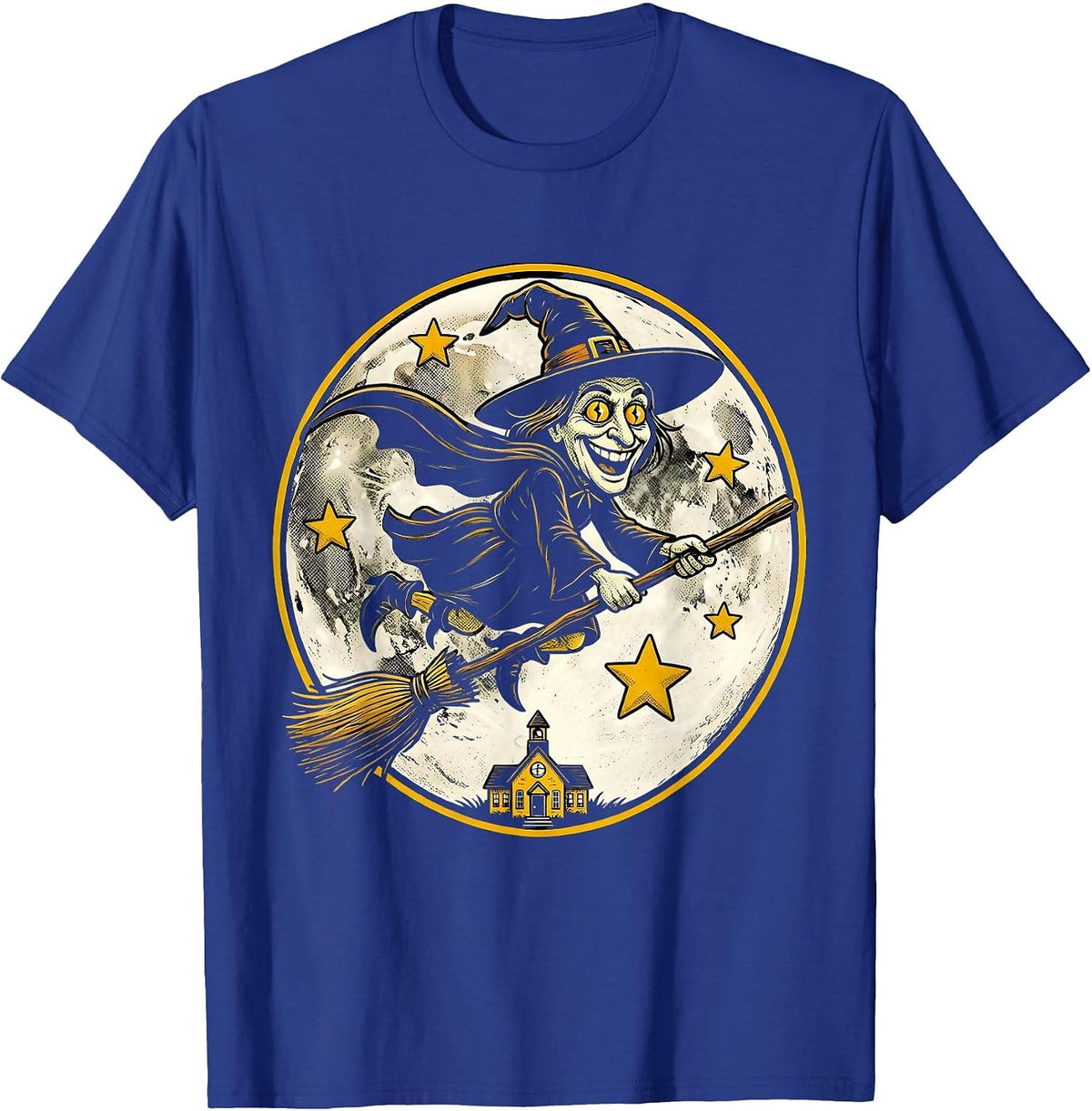 Halloween Teacher Witch Flying Over Schoolhouse T-Shirt - Royal Blue