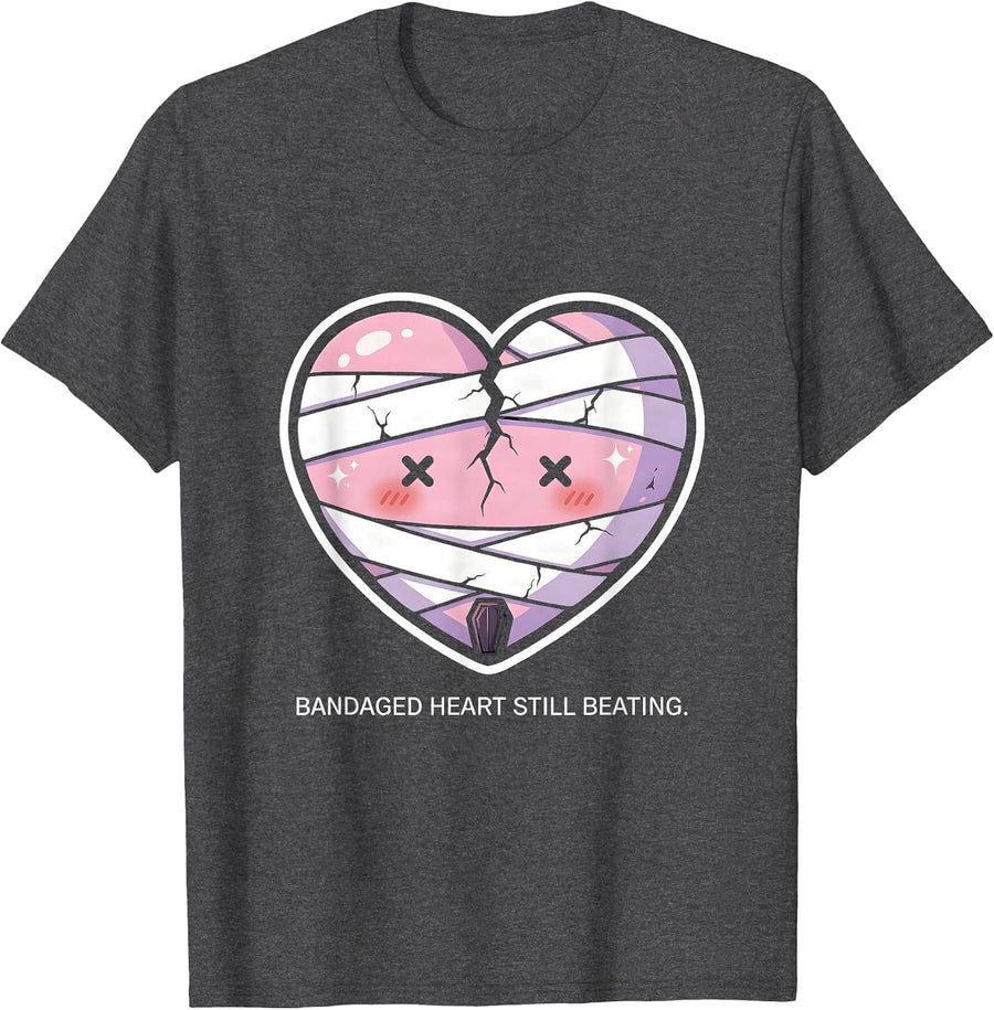 Men's Bandaged Heart Still Beating Emo Design T-Shirt - Dark Heather Grey