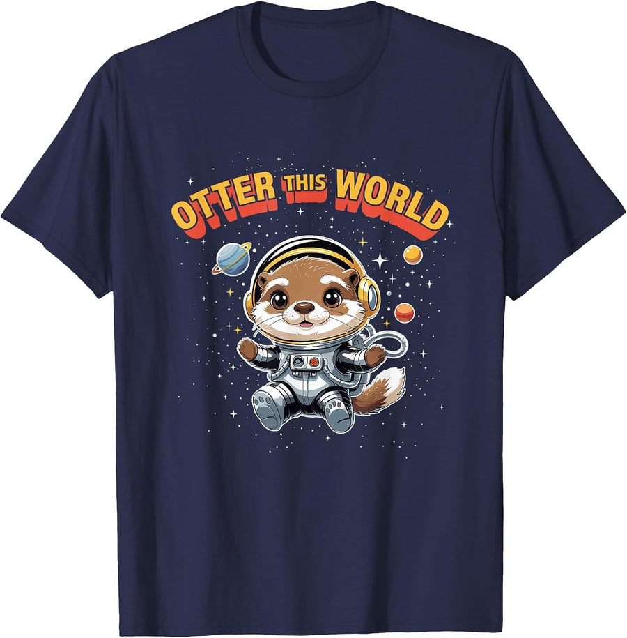Otter This World Boys Cartoon Space Otter Design T-Shirt - Navy Blue