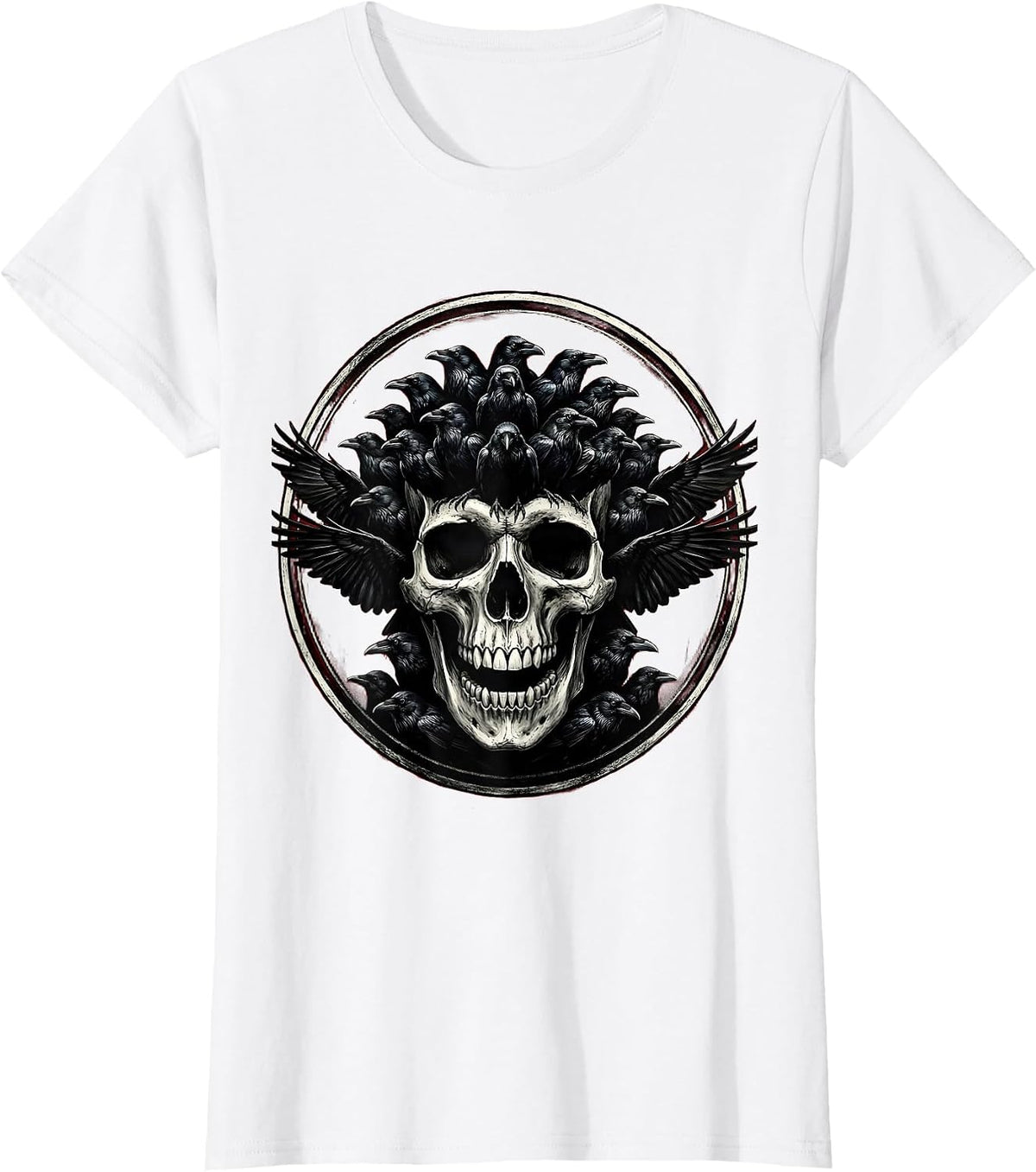 Women's Flock of Crows Skull Illusion Dark Art Design T-Shirt - White