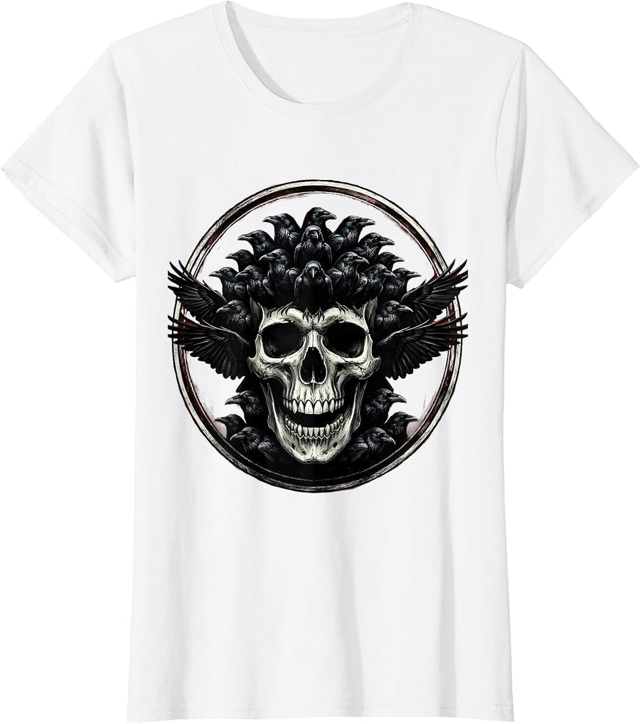 Women's Flock of Crows Skull Illusion Dark Art Design T-Shirt - White