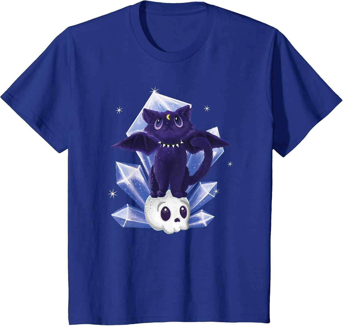 Kawaii Pastel Goth Cute Creepy Witchy Cat and Skull T-Shirt - Royal Blue