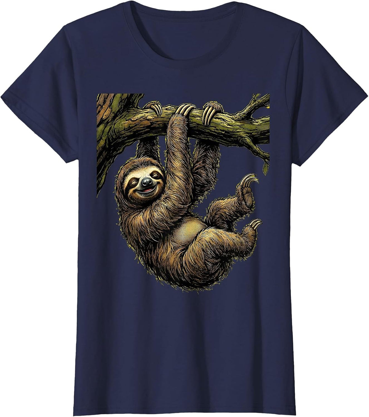 Women's Lazy Sloth Hanging From Tree Branch T-Shirt - Navy Blue