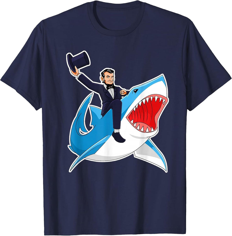 Abraham Lincoln Riding A Shark, Men Boys, 4th of July Abe T-Shirt - Navy Blue