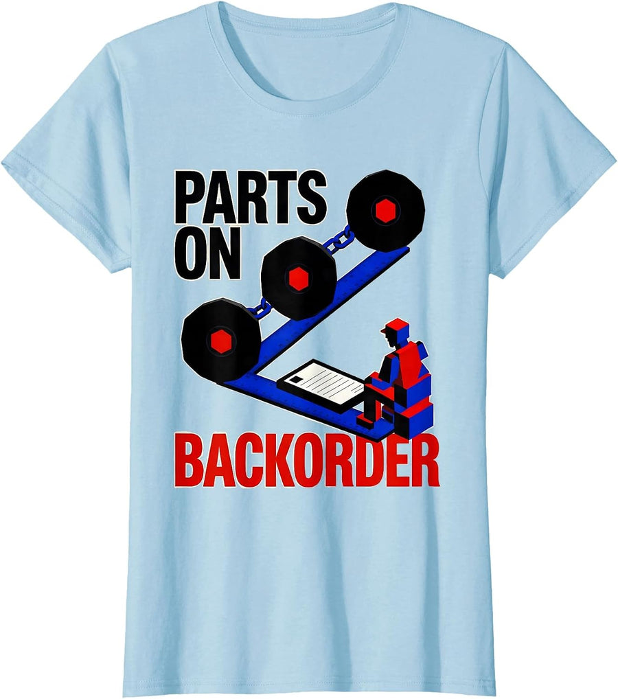Women's PARTS ON BACKORDER Bauhaus Modernist Auto Mechanic Skeleton T-Shirt - Baby Blue