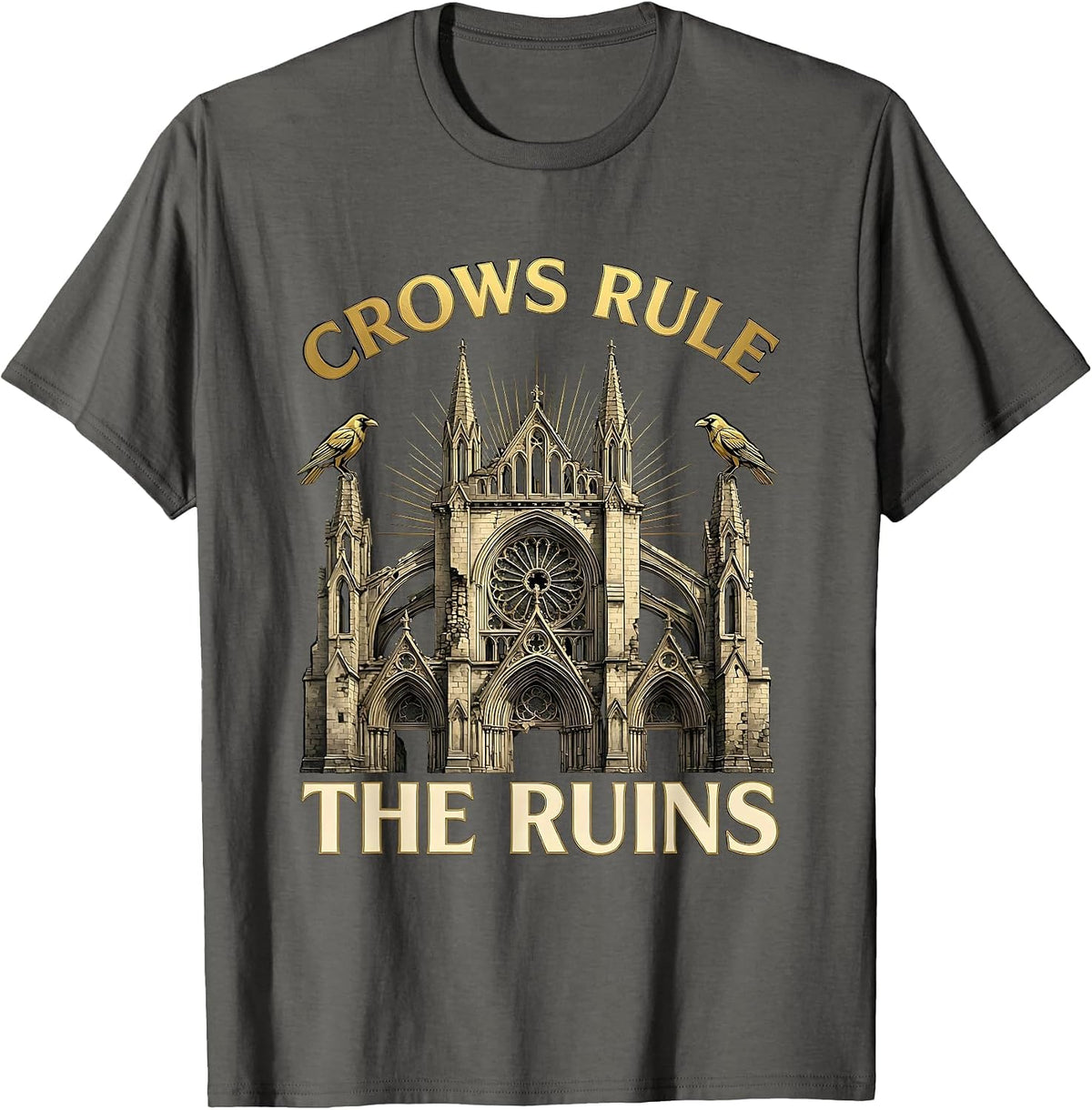Crows Rule the Ruins Gothic Halloween Design T-Shirt - Asphalt Grey