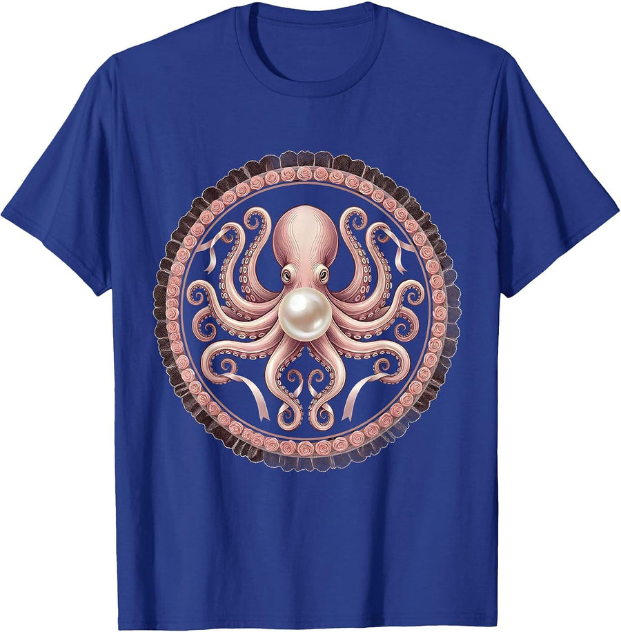 Octopus Pearl Embrace Ocean Art Design T-Shirt - Royal Blue