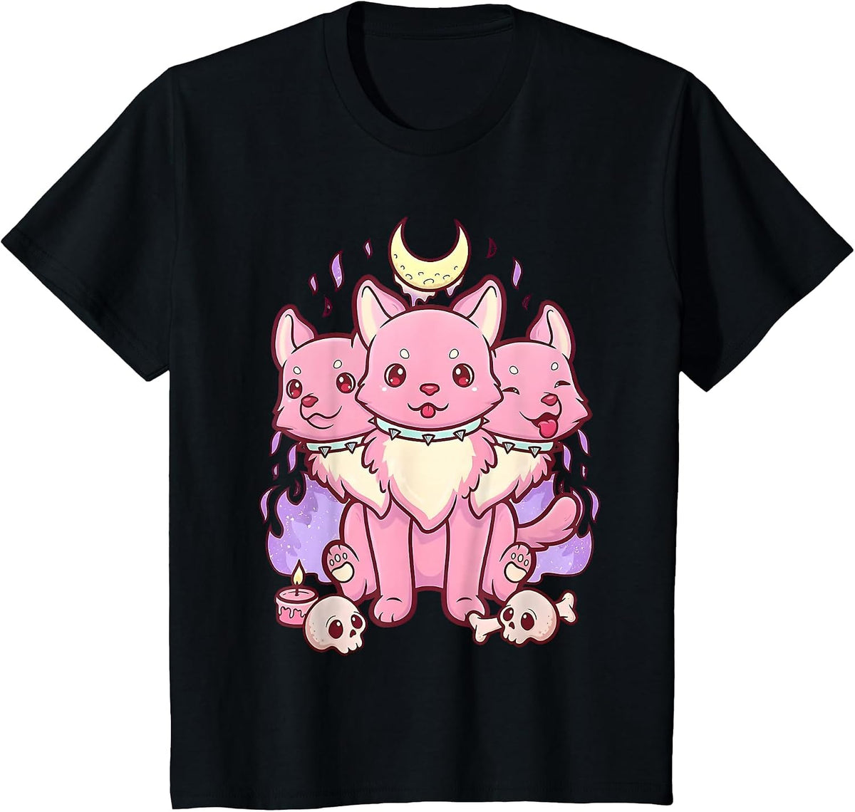 3 Headed Dog Kawaii Pastel Goth Cute Creepy Occult Cerberus T-Shirt - Black