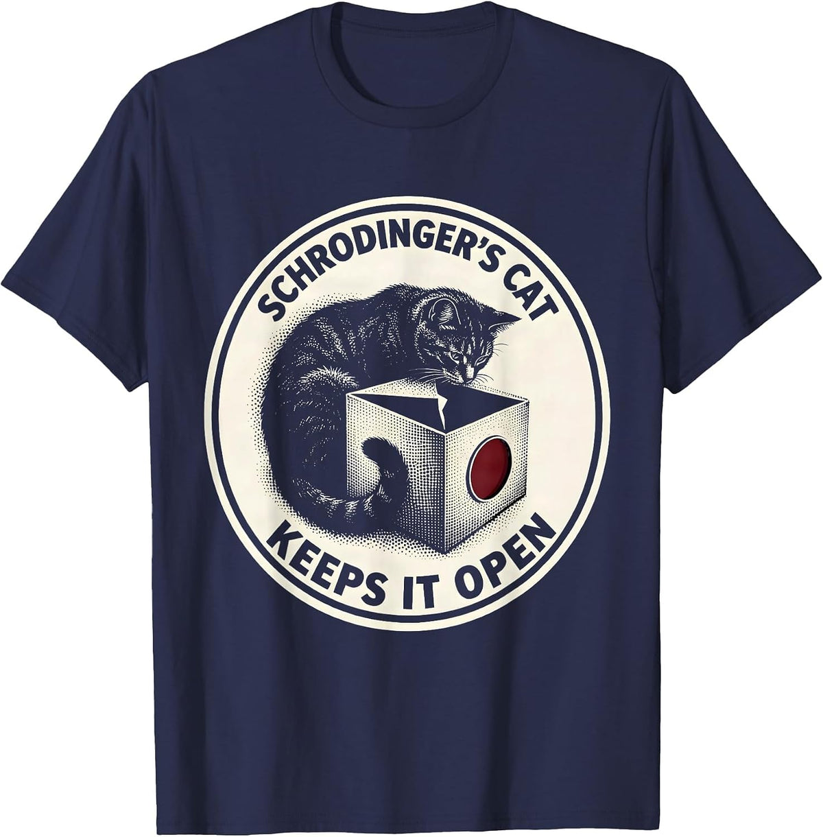 Men's Schrodinger's Cat Keeps It Open Nerdy Quantum Physics T-Shirt - Navy Blue