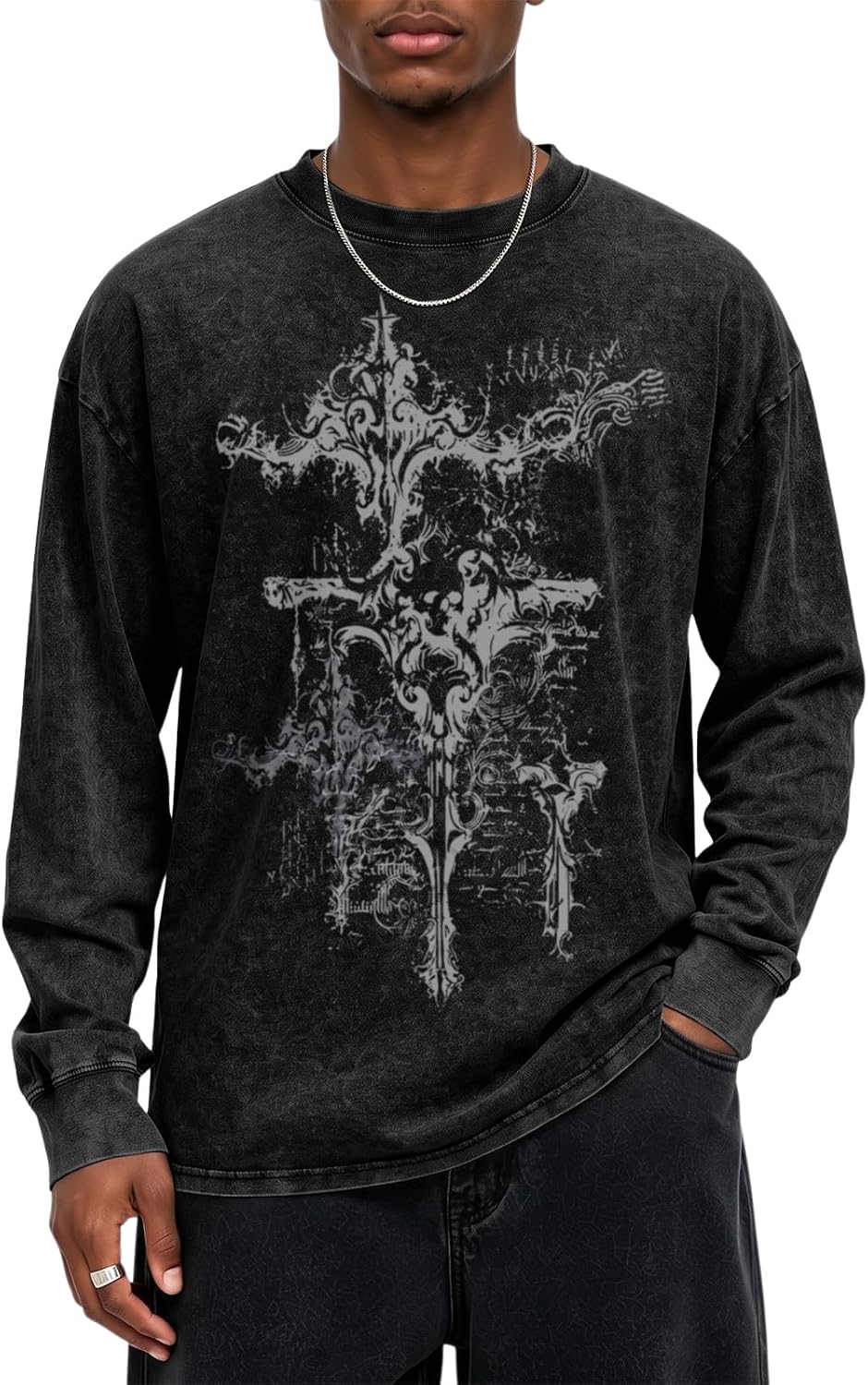 Y2K Goth Skull Long Sleeve Shirts for Men Acid Washed Gothic Shirt - Black