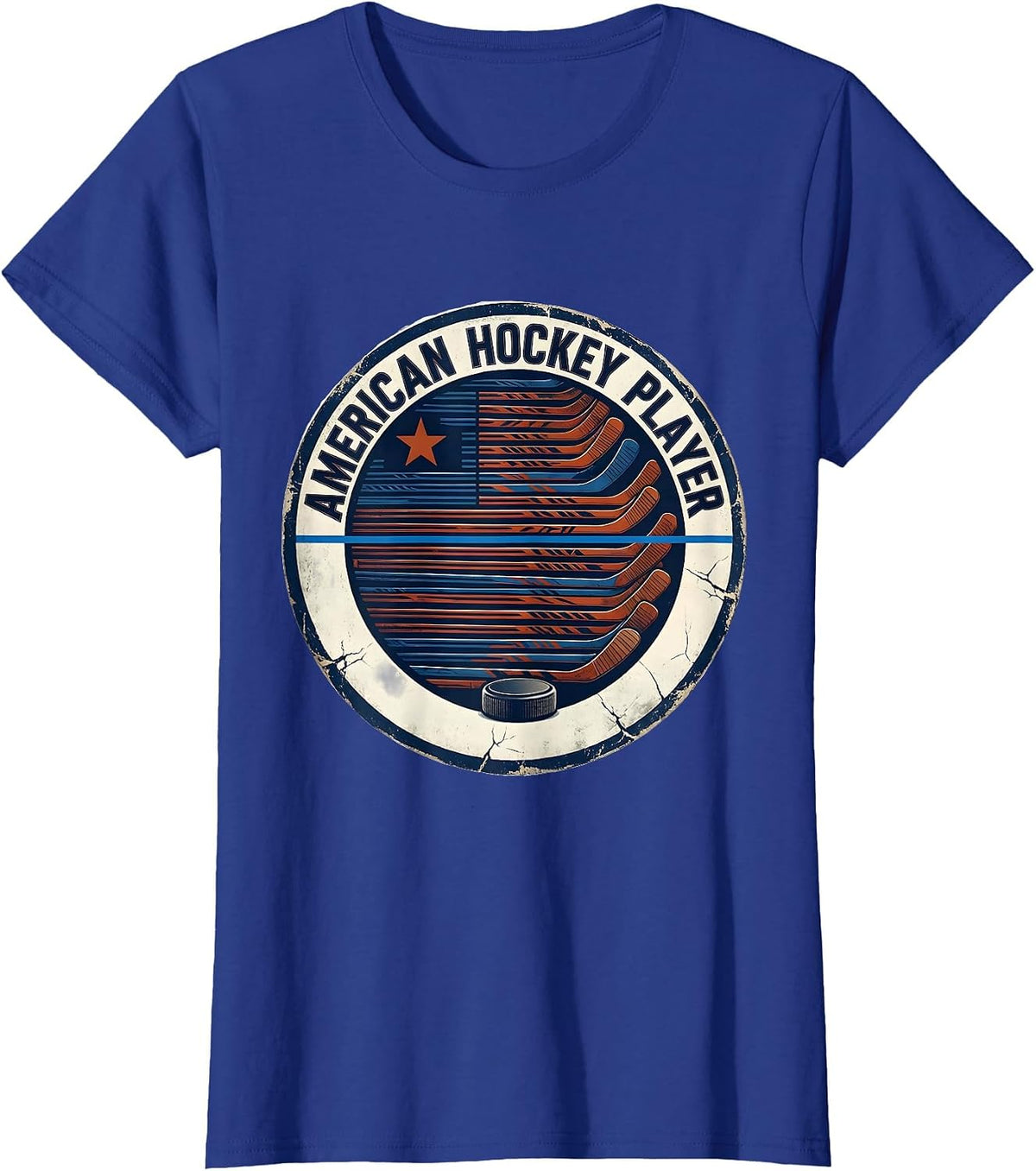 Women's American Hockey Player Distressed Ice Hockey Patriotic Fan T-Shirt - Royal Blue