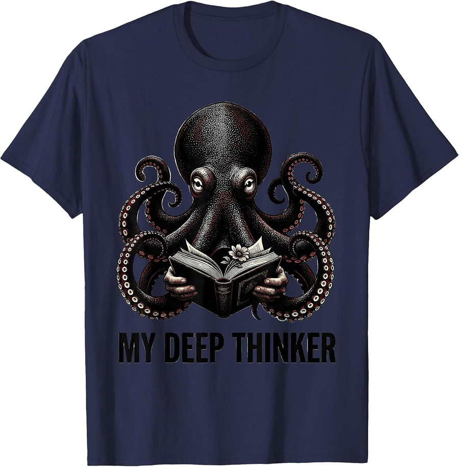 My Deep Thinker Octopus Lover Ocean Animal Art Dotwork T-Shirt - Navy Blue