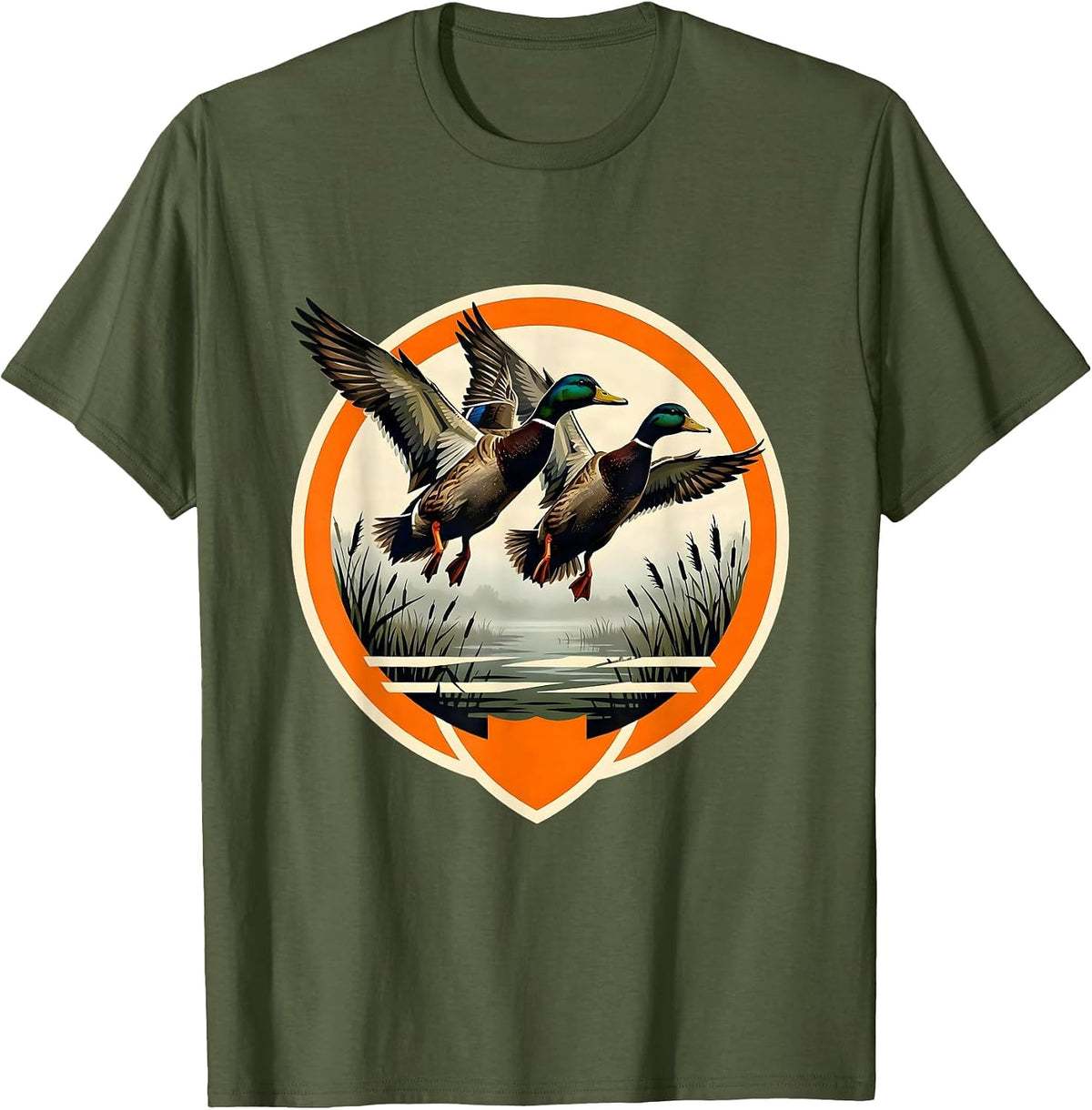 Men's Mallard Duck Camo Foggy Marsh Landing Art T-Shirt - Olive Green