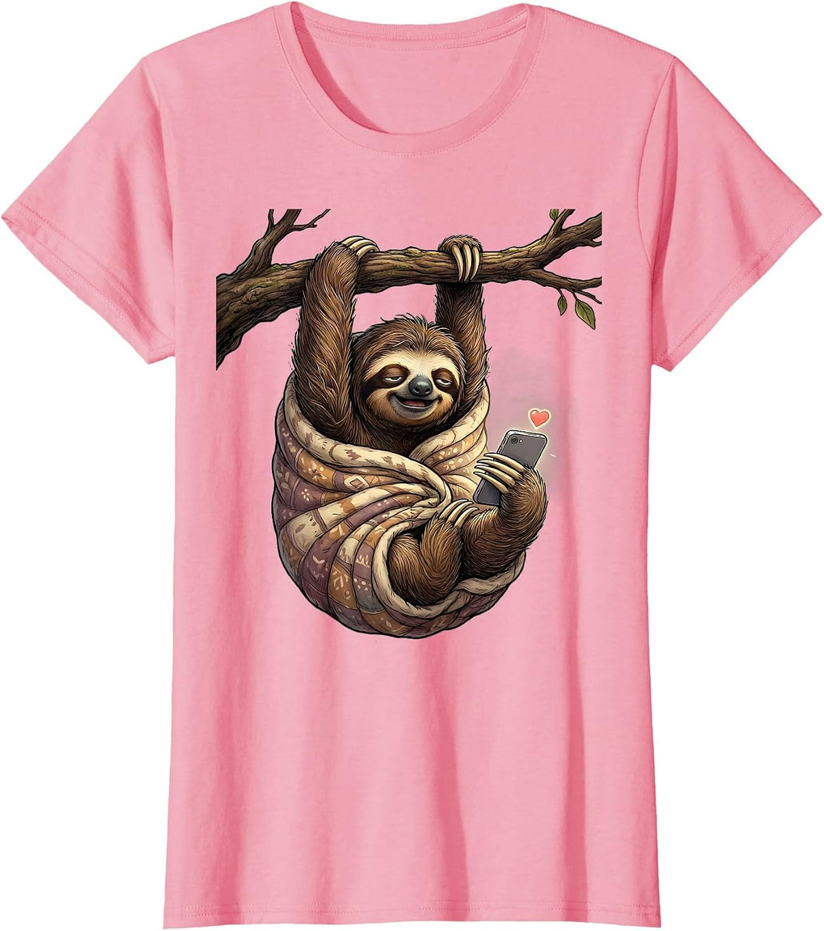 Women's Sleepy Sloth Cozy Blanket Phone Funny Graphic T-Shirt - Pink