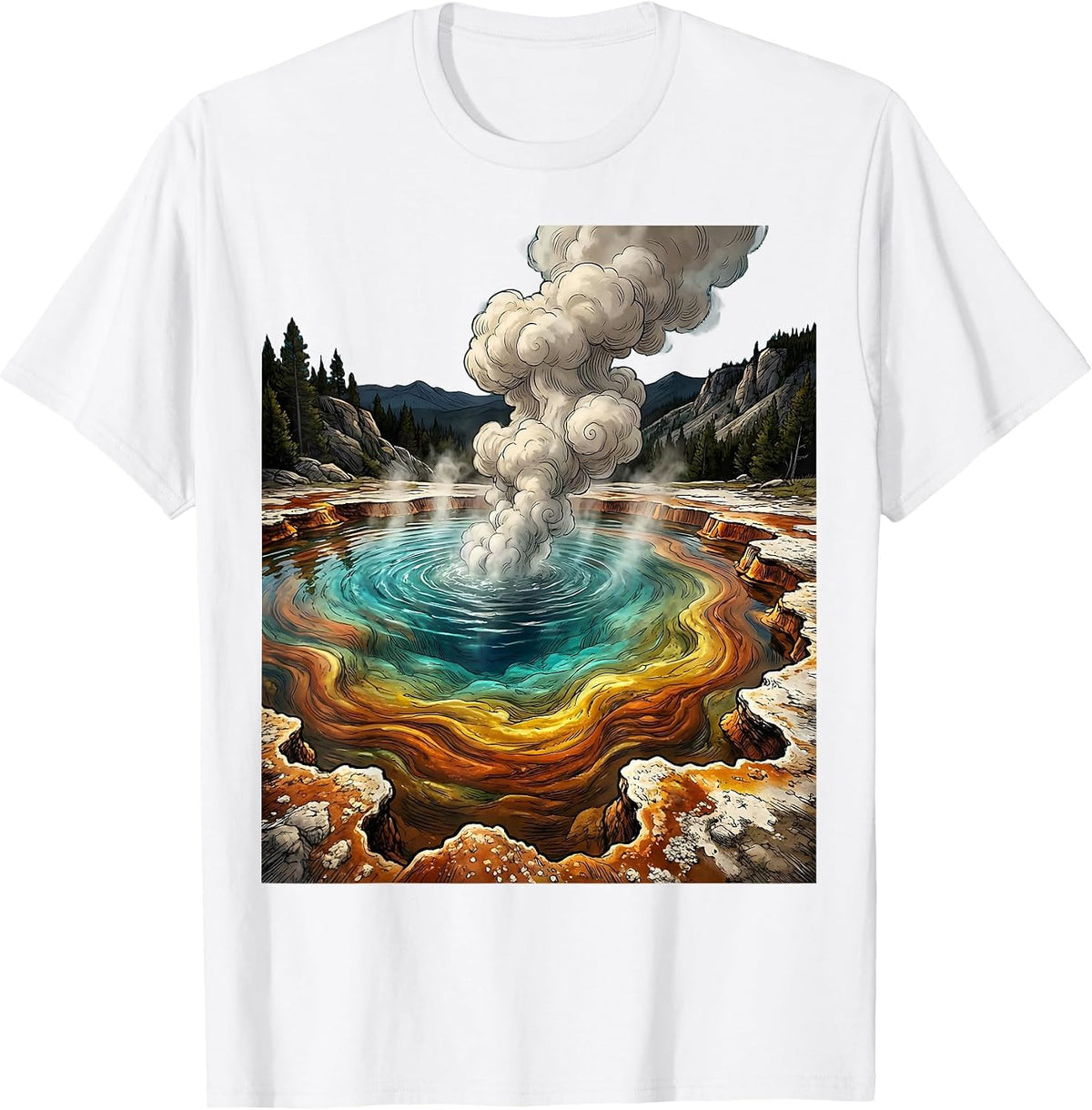 Men's National Park Hot Spring Mineral Pool Illustration T-Shirt - White