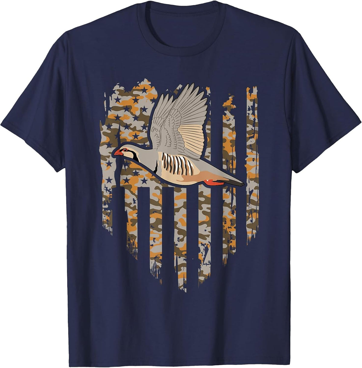 Chukar Bird Hunting American Flag Camo T-Shirt - Navy Blue