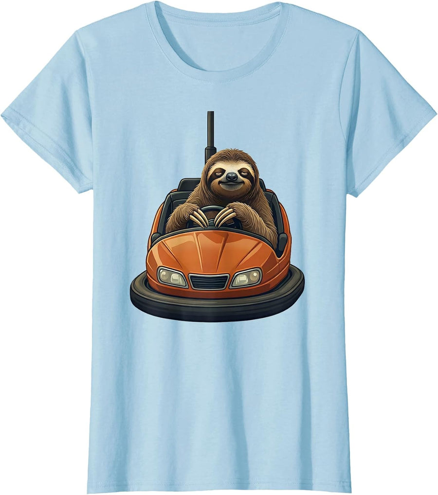Women's Sleepy Sloth Bumper Car Funny Animal Design T-Shirt - Baby Blue