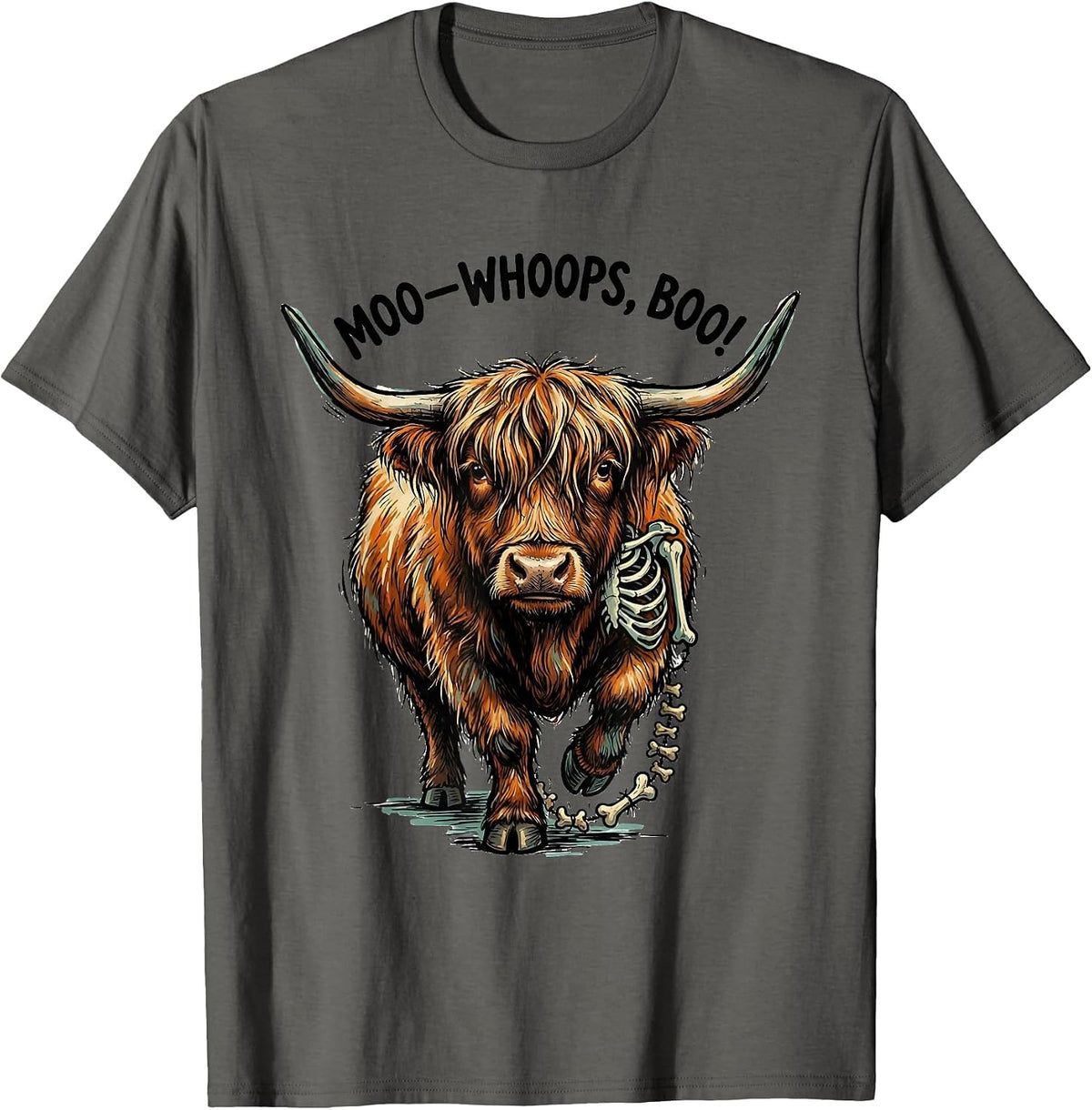 Men's Moo—Whoops, Boo! Whimsical Highland Cow Halloween Humor T-Shirt - Asphalt Grey