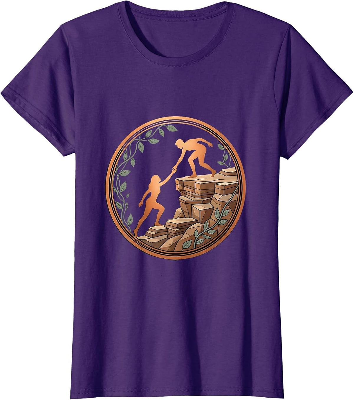 Women's Helping Hand Human Figure Cliff Climbing Graphic T-Shirt - Purple