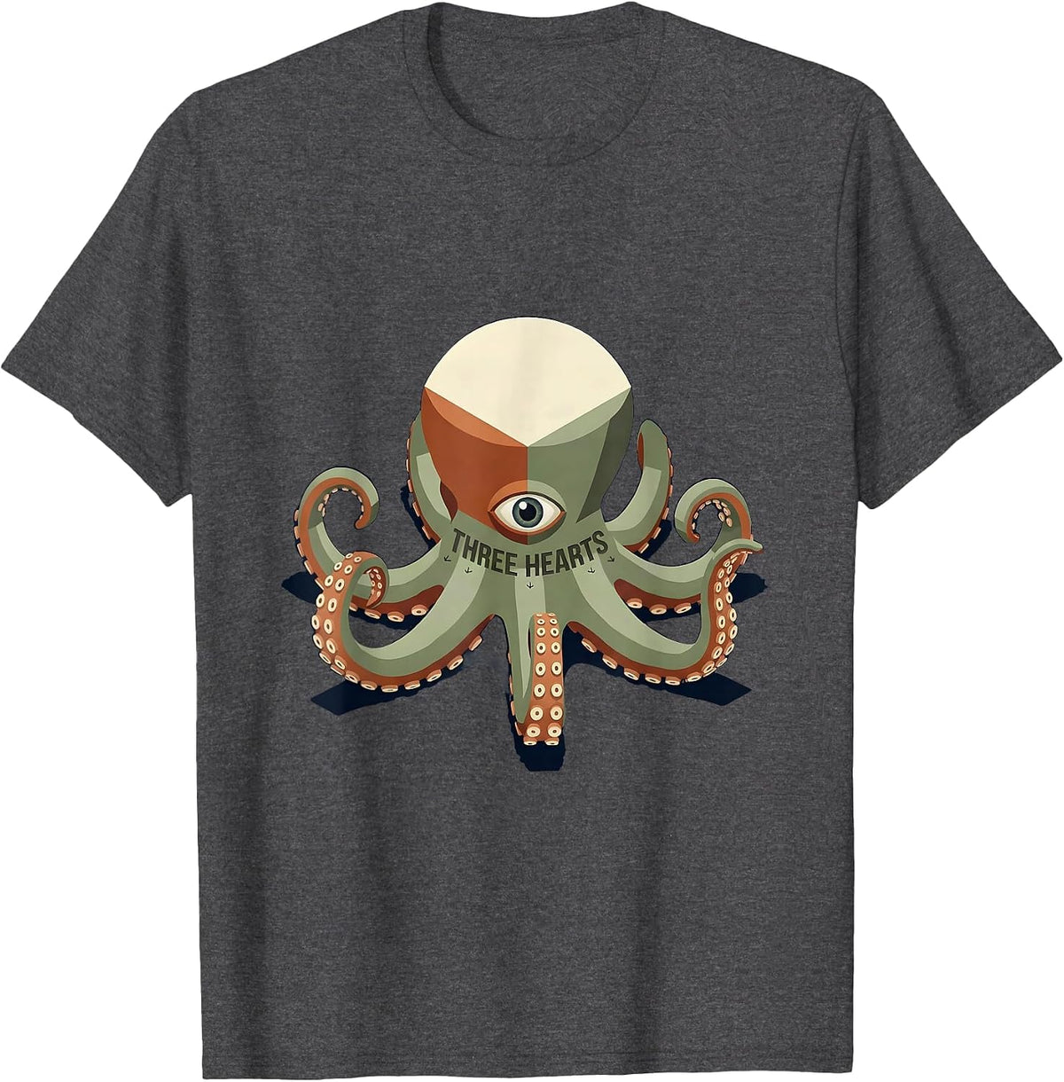 Three Hearts Isometric Octopus Ocean Animal Lover Art T-Shirt - Dark Heather Grey