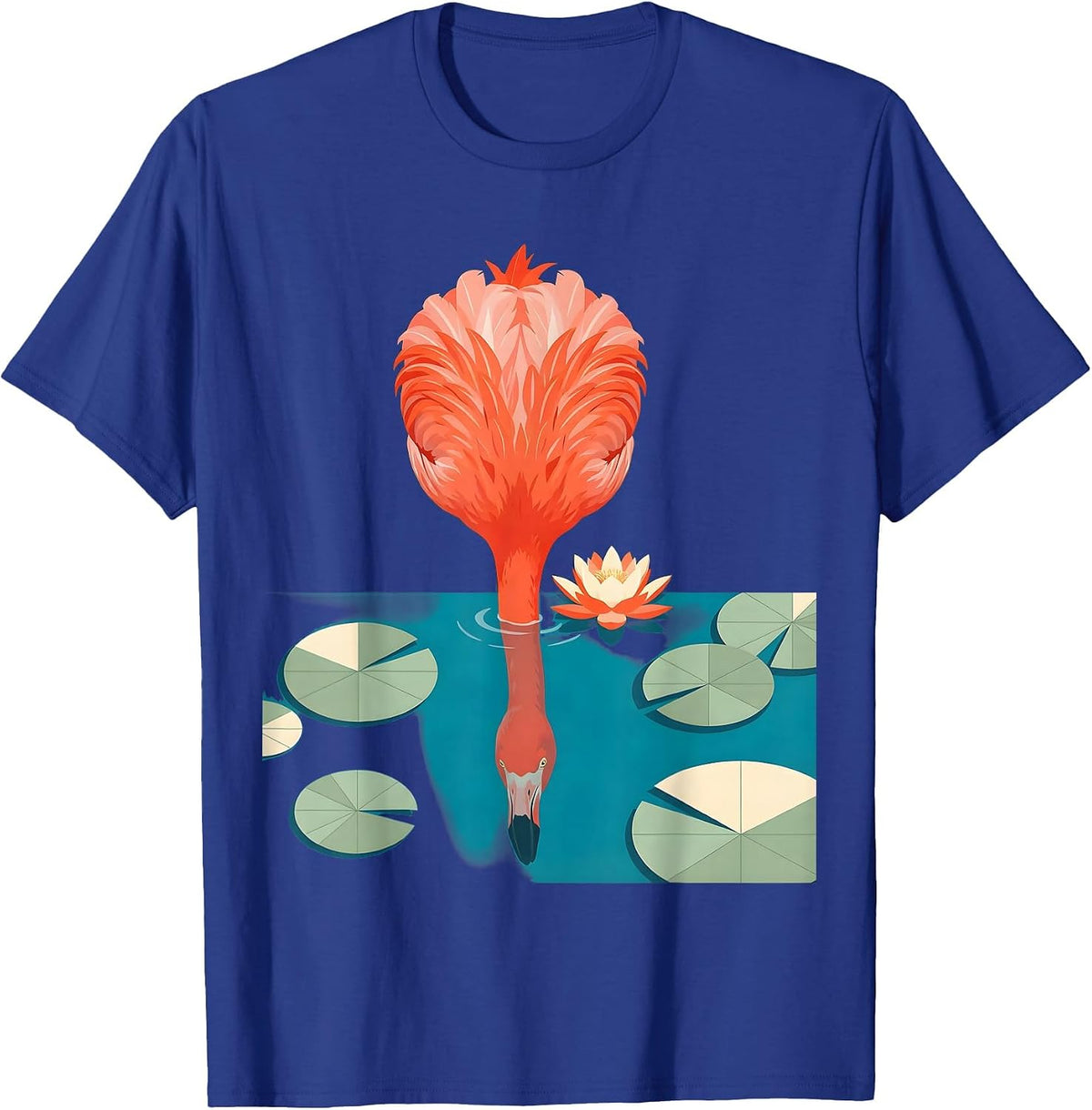 Flamingo Head in Lily Pond Graphic Design T-Shirt - Royal Blue